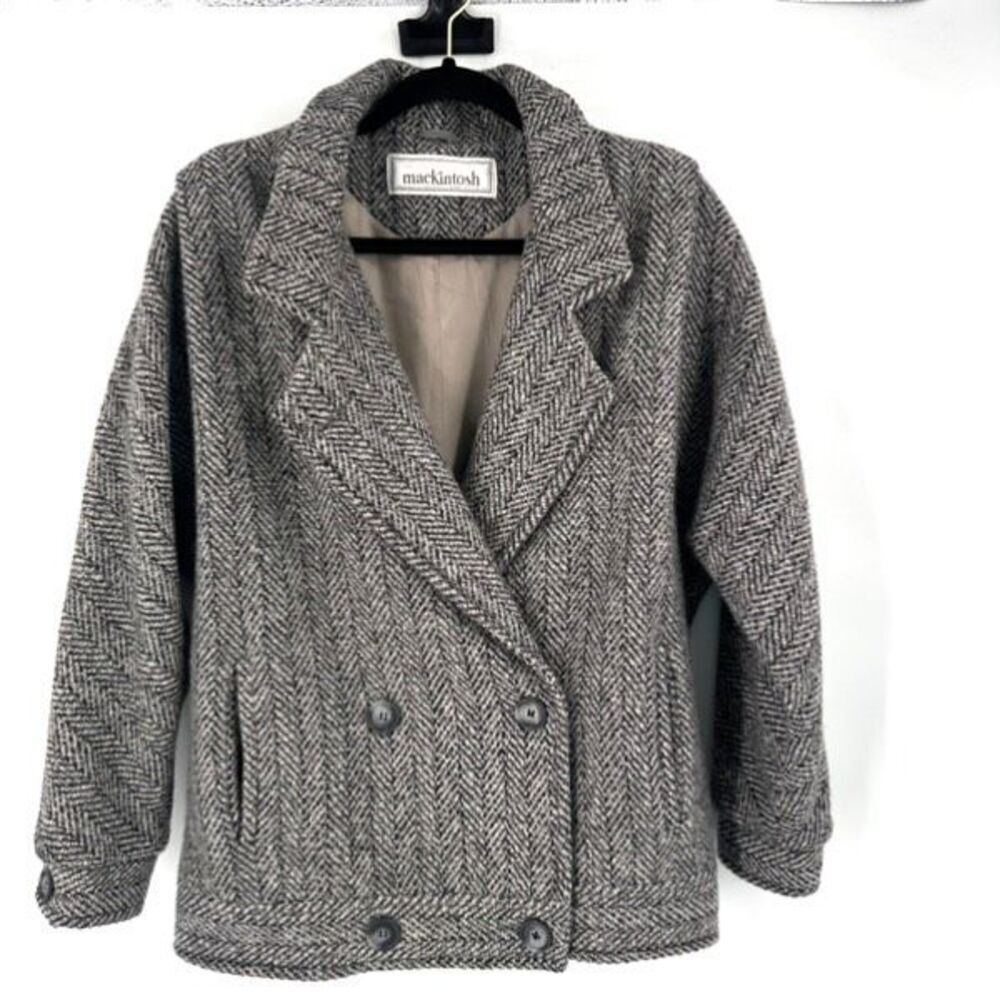 Vintage 90s Mackintosh Womens‎ Chevron Wool Double Breasted Blazer Gray Medium